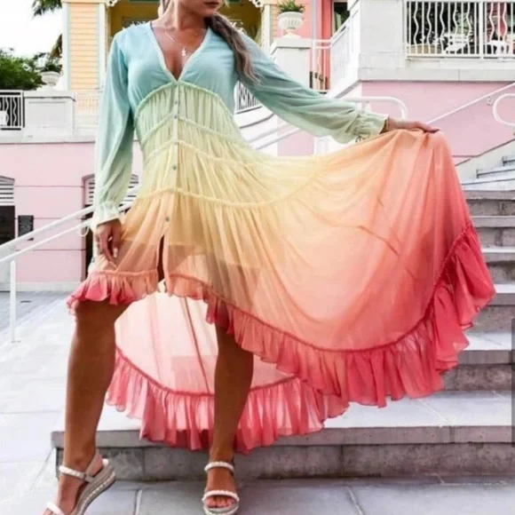 Rainbow Ombré Long Sleeve Plunge Sundress - Picture 2 of 6